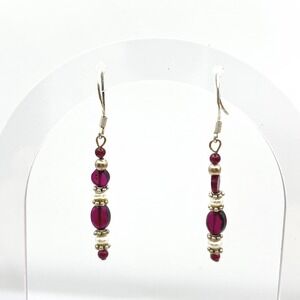 Sterling Silver Magenta Garnet Bead Pearl Drop Earrings French Wire Dangle